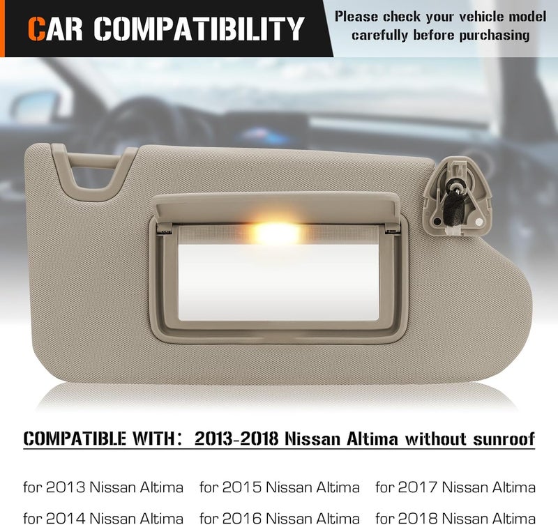 AEagle Sun Visor with Vanity Light for 2013-2018 Nissan Altima Without Sunroof, Right Passenger Side Beige Sunvisor Replacement 96400-3TA2A - Image 2